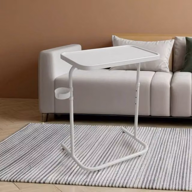 VOGREX Height Adjustable Overbed Table with Folding Top and Sled Base in White Metal