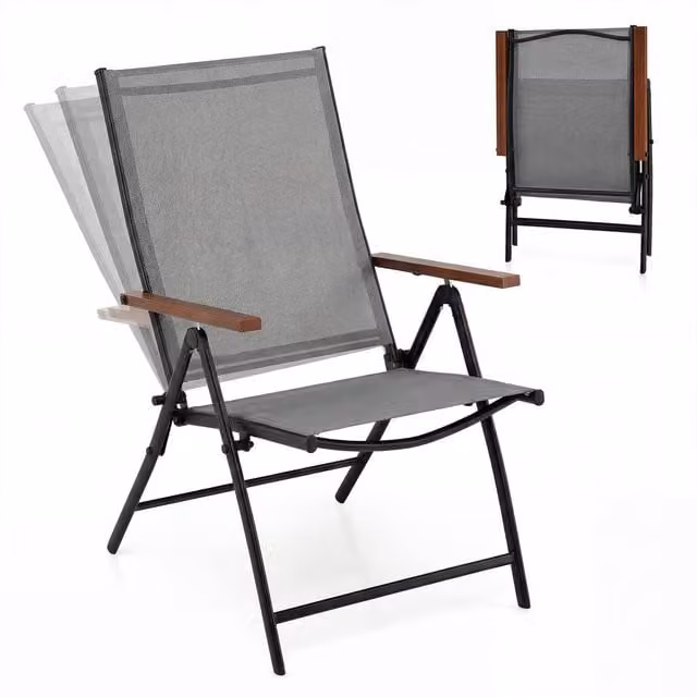 Costway Set of 2 Grey Folding Patio Chairs with 5-Position Backrests and Armrests