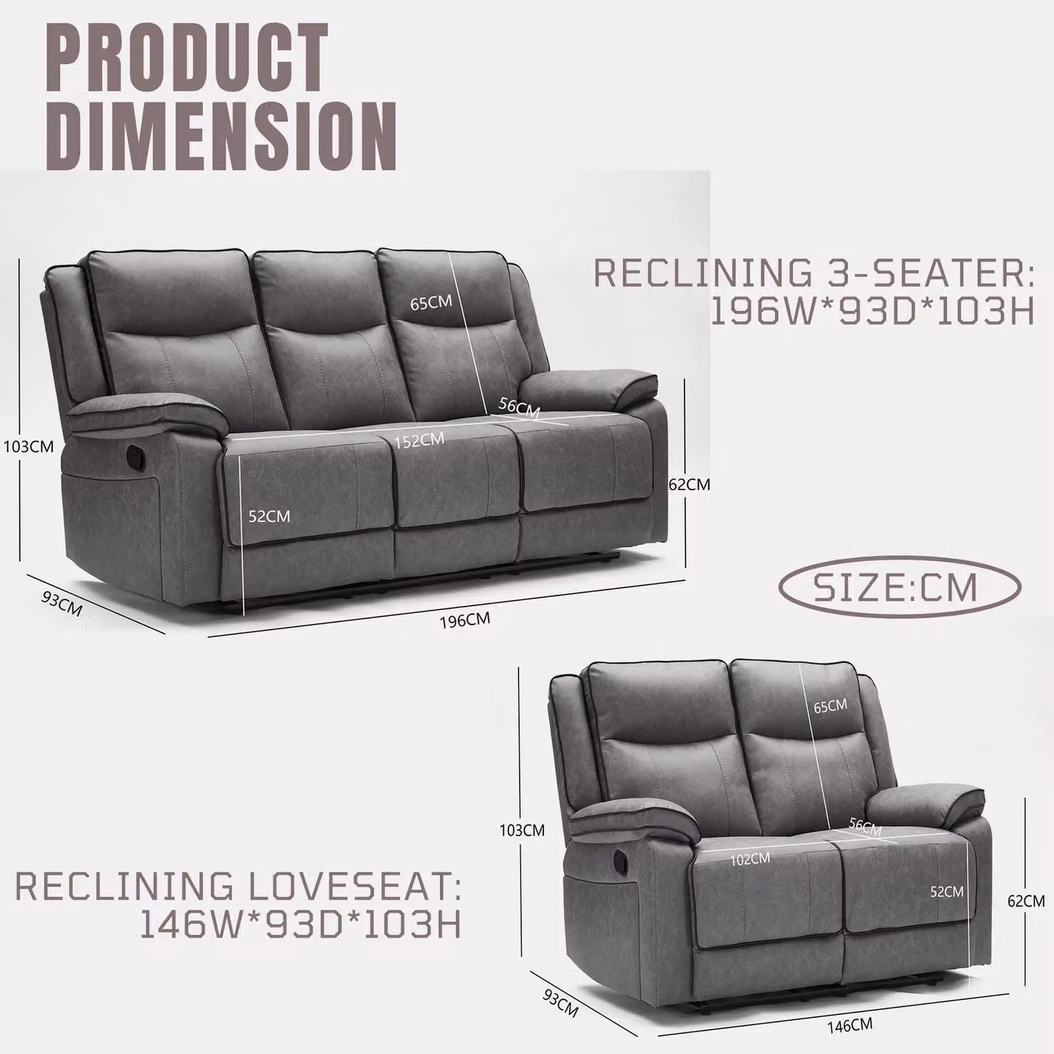 FURNITURE ONE Modern Upholstered Manual Recliner Sofa Set in Grey, including 2 Seater and 3 Seater Couches – 2