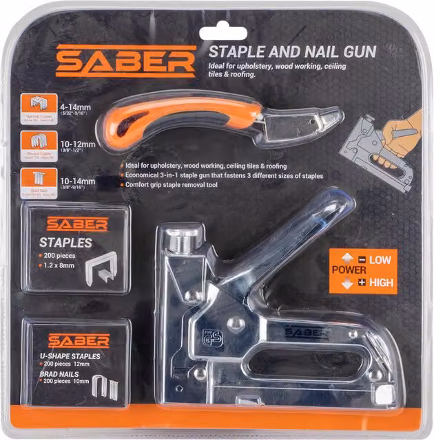 Saber Staple Gun with Nails in Silver and Orange