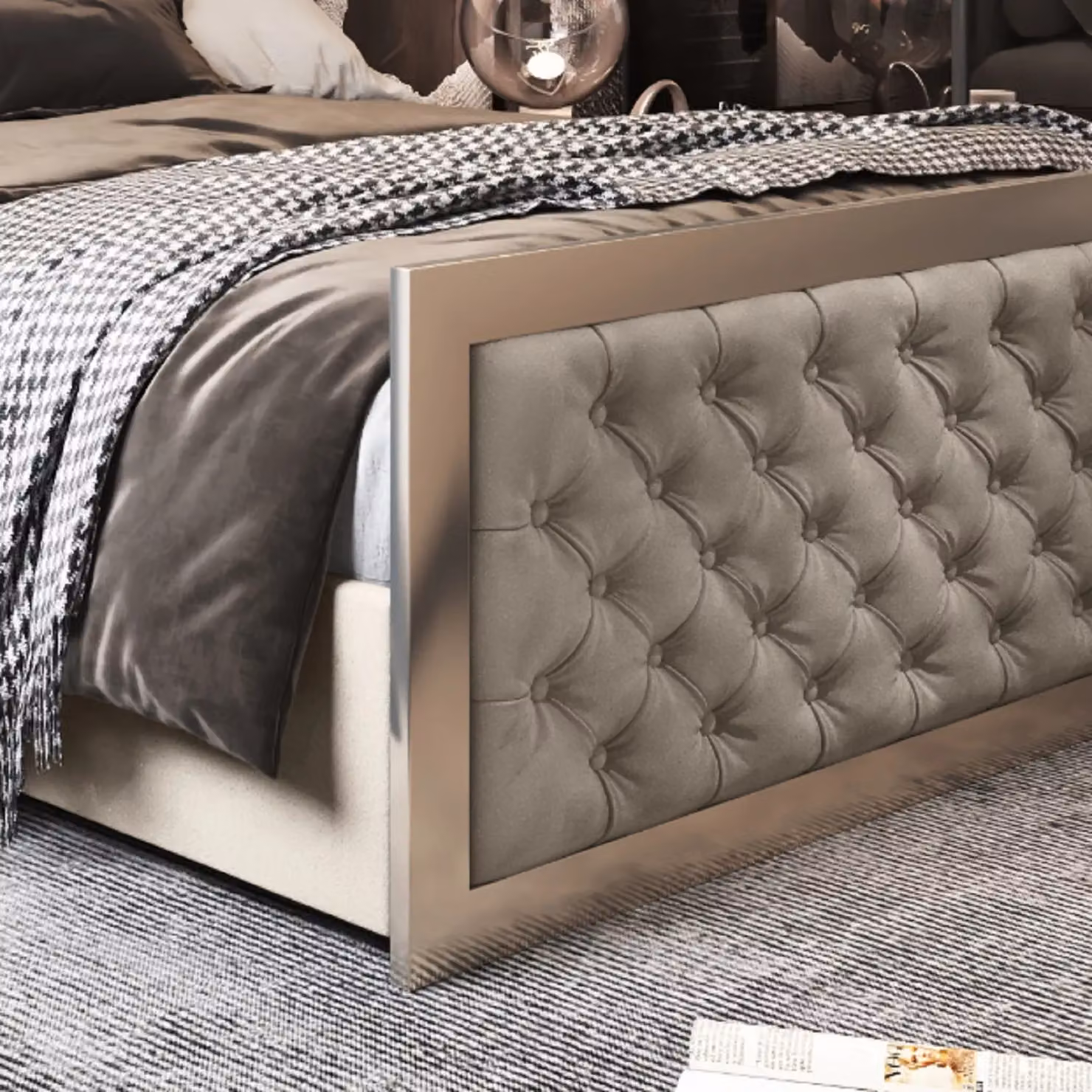 Casani KDMD Emia Upholstered Velvet Metal Designer Bed Frame in Beige, W/D/H: 180 x 200 cm – 4