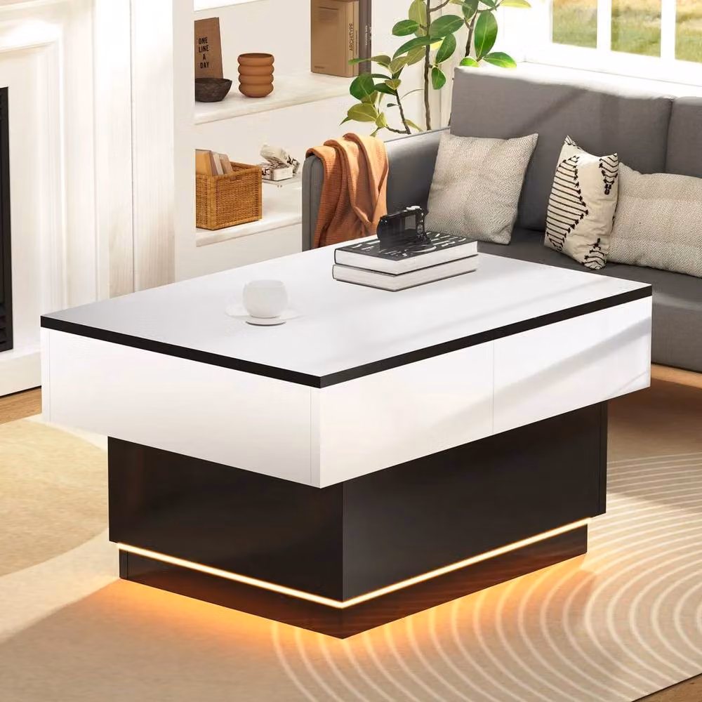 NESTLUNE Extendable Wooden Coffee Table with LED Lighting and Hidden Storage in White, W: 100 cm, D: 15 cm – 3