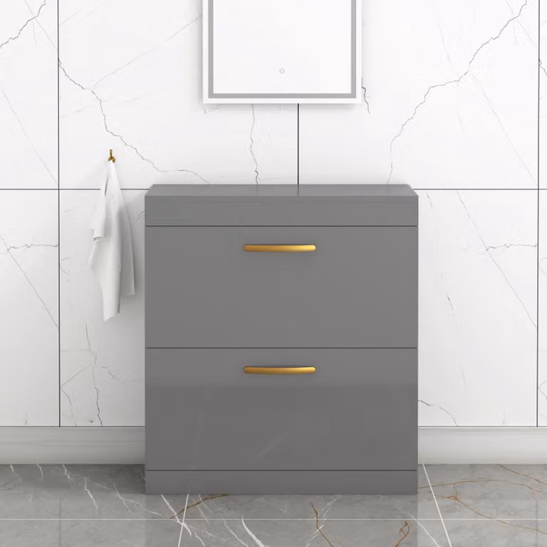 Royal Bathrooms Turin 800mm Indigo Grey Gloss Floor Standing 2 Drawer Worktop Vanity Unit with Brushed Brass Handle