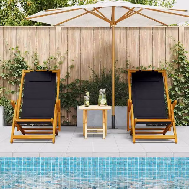 Berkfield Home Set of 2 Black Textilene Folding Beach Chairs with Adjustable Headrests and Armrests W/D/H: 61.5 x 110 x 97 cm