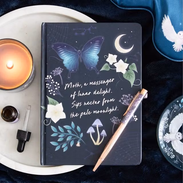 Kingsbury Gifts Midnight Moth A5 Hardcover Lined Journal with Amethyst Pen and Bookmark in Black, Gold and Purple