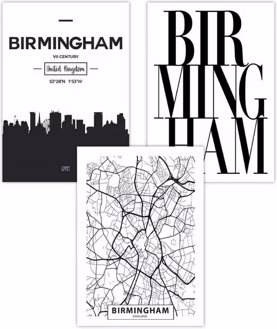 ARTZE Set of 3 Birmingham Skyline Street Map City Art Posters in Black, W: 50 cm, H: 70 cm