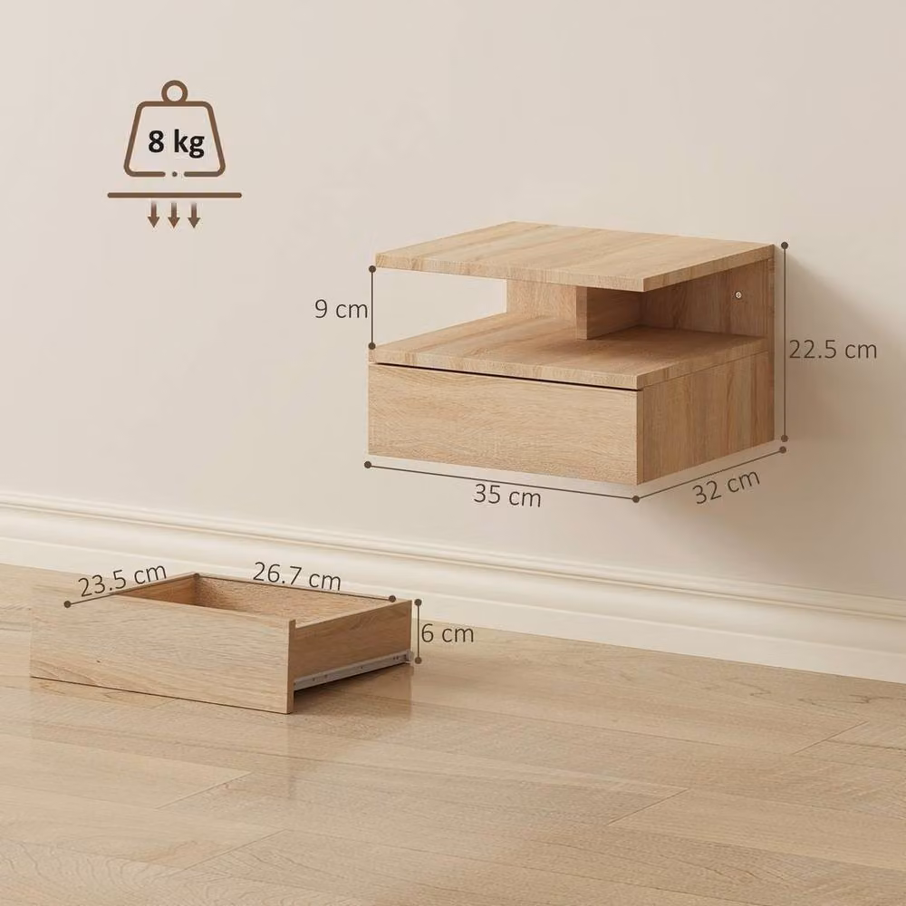 Kelvenix Set of 2 Modern Floating Bedside Tables with Drawer, Oak, Light Brown, W/D/H: 30 x 30 x 34 cm – 2