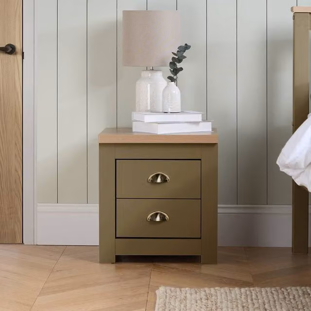 Birlea Highgate 2 Drawer Bedside Cabinet in Olive Green and Oak Effect