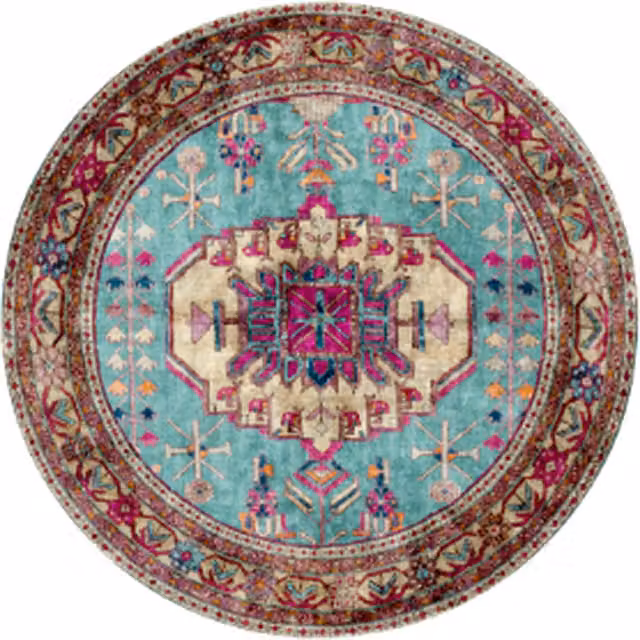 The Rug House Distressed Bordered Persian Style Non Slip Washable Area Rug in Petrol and Pink, W/D/H: 180 x 180 x 1 cm