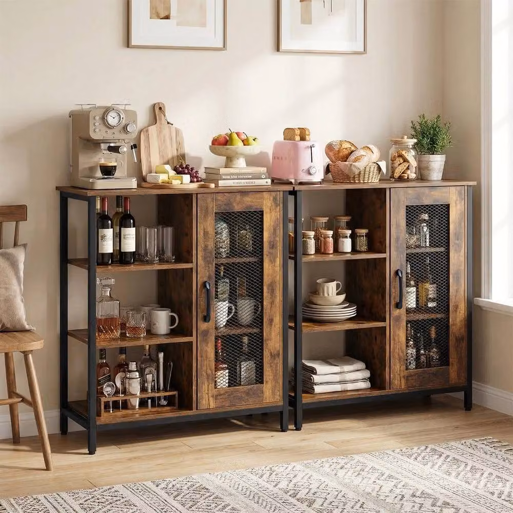 NESTLUNE Brown Wood Minimalist Sideboard Buffet Storage Cabinet with Adjustable Shelves – 6