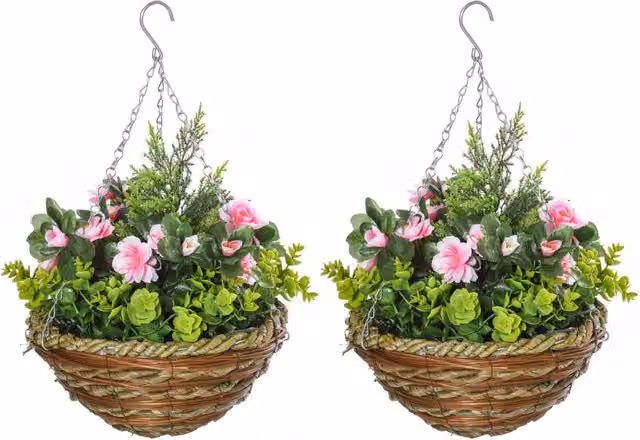 Dyzi Pink Artificial Hanging Floral Flower Pot Set with Rattan Style Round Design