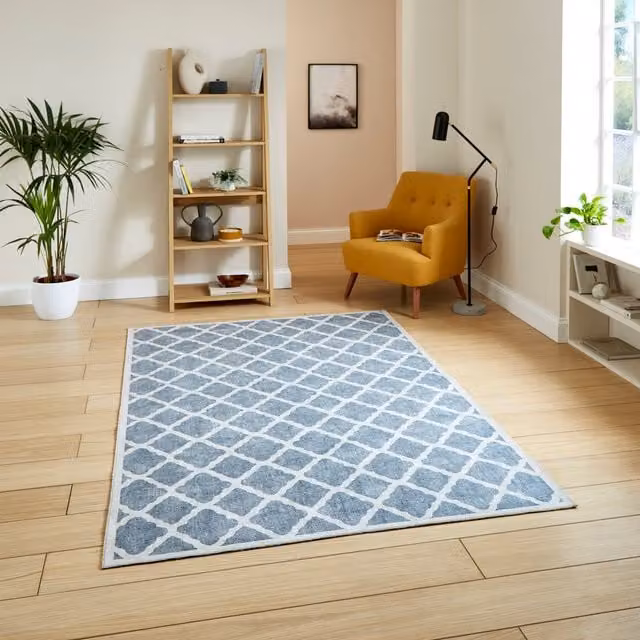 Terrys Modern Diamond Patterned Flat Weave Rectangular Rug in Grey and Blue
