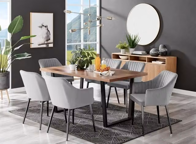 FurnitureboxUK Kylo Brown Wood Effect Rectangular Dining Table and 6 Grey Velvet Calla Chairs with Black Legs – 1