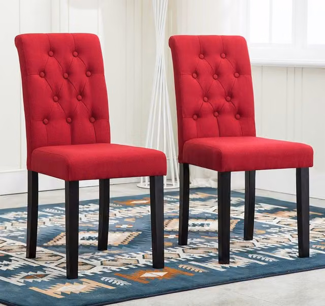 MCC Direct Set of 2 Red Linen Fabric Plush Padded Buttoned Back Dining Chairs – 1