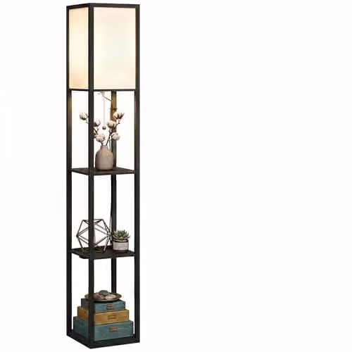 HOMCOM Modern Black Floor Lamp with 3-Tier Storage Shelves and E27 Bulb Socket