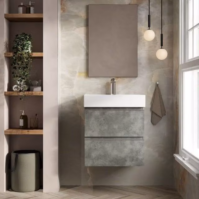 Banyetti Vatilla 600mm Wall Hung Vanity with Veneto 1 Tap Hole Basin, Cemento Grey