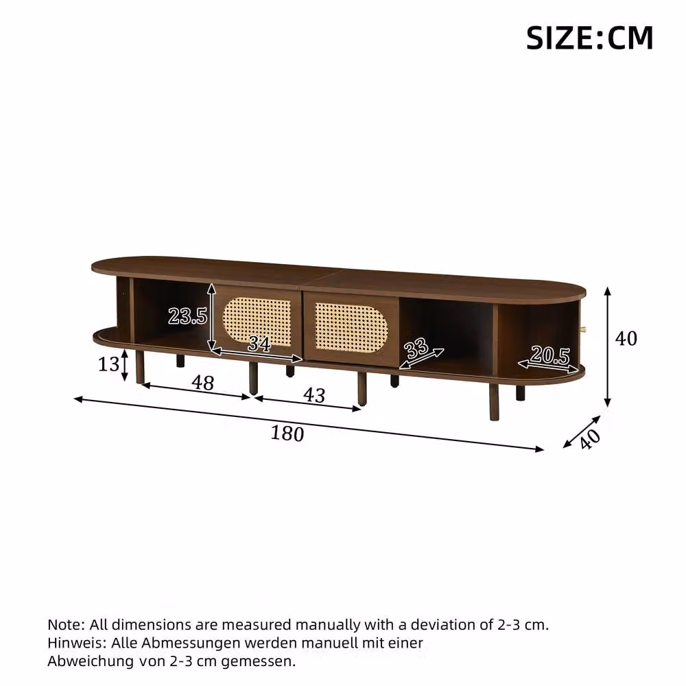 Matteo Dark Walnut Oval TV Stand with Rattan Doors and Brown MDF Media Cabinet – 3