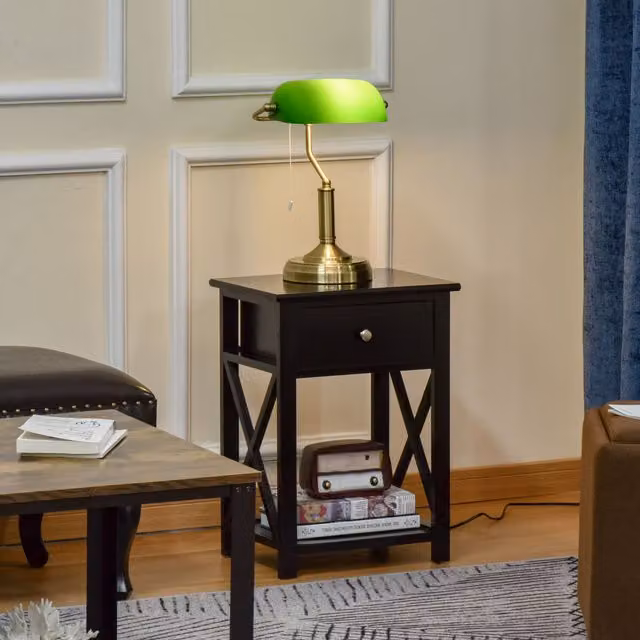 HOMCOM Vintage Banker's Table Lamp with Antique Bronze Base and Green Glass Dome Shade – 1