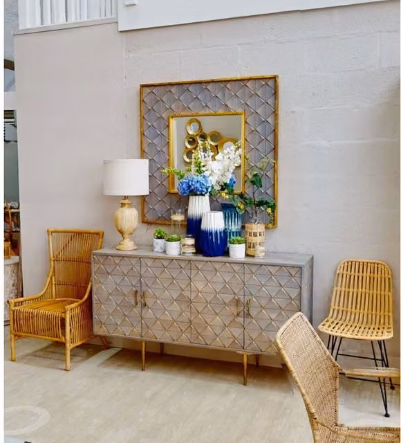 Orsina Siro Modern Geometric Square Mango Wood Wall Mirror in Grey and Gold