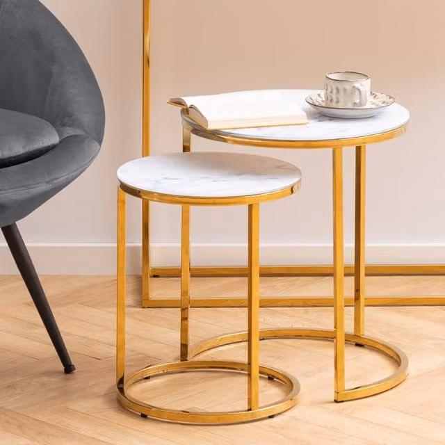 Furniture To Go Alisma Nest of 2 Round Tables with White Marble Glass Tops and Gold Metal Base