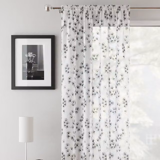 Terrys Delila Black Floral Transparent Voile Fabric Panel Curtain with Rod Pocket