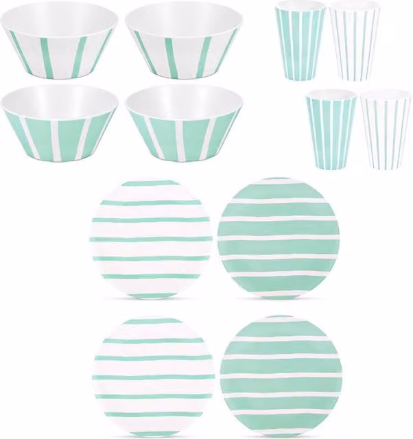 Bayside Thurlestone 12-Piece Stackable Melamine Picnic Dinner Service Set in Multicolour Striped Design