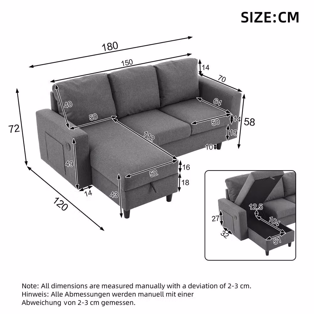 ModernLuxe 3 Seater Reversible Fabric Sofa in Grey with LED Lighting, USB Charging and Pull Out Drawer, W/D/H: 180 x 120 x 72 cm – 4