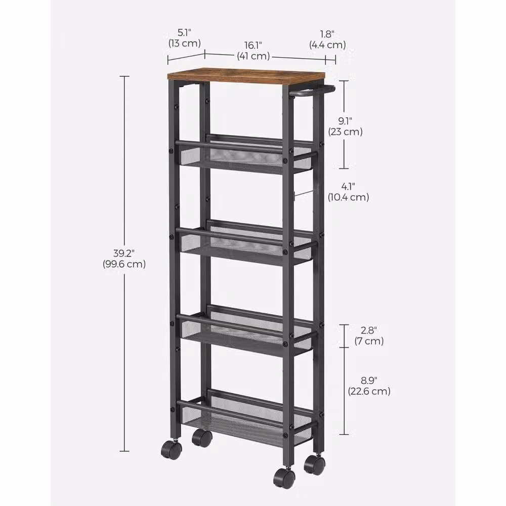 KORVIXA 5-Shelf Metal Kitchen Trolley with Castors in Matt Black, Height: 100 cm – 2