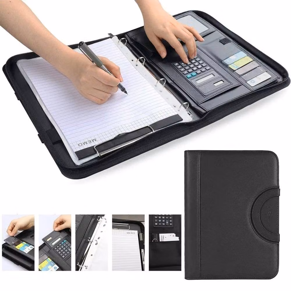 FLAVORA A4 Zipped PU Leather Padfolio Portfolio Folder in Black – 3
