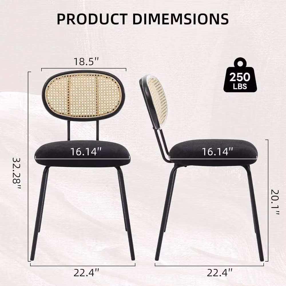 VOGREX Set of 2 Mid-Century Dining Chairs with Rattan Backrest and Fabric Upholstery in Black – 2