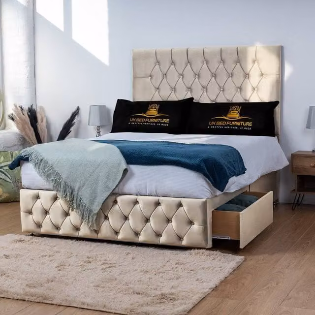 UK Bed Furniture Monaco Divan Bed with 2 Drawers and 26 Inch Headboard, Beige, W/D/H: 180 x 200 cm
