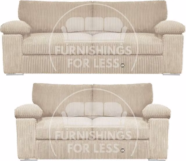 Furnishings For Less UK Delta Jumbo Cord Fabric Sofa Suite with Padded Arms, 3 and 2 Seater, Cream