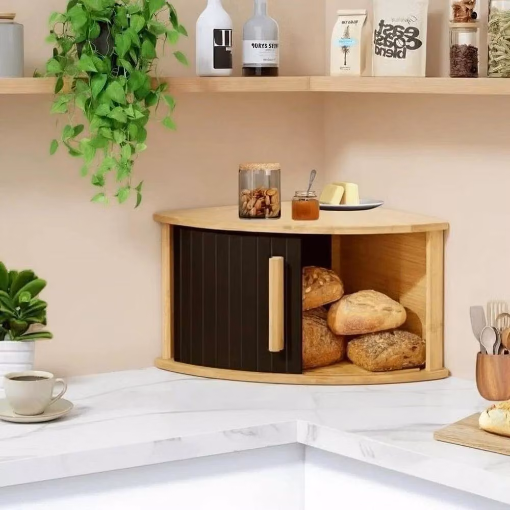KORVIXA Bamboo Corner Bread Bin with Roll Front in Natural Brown, W/D/H: 100 x 100 x 20 cm – 4