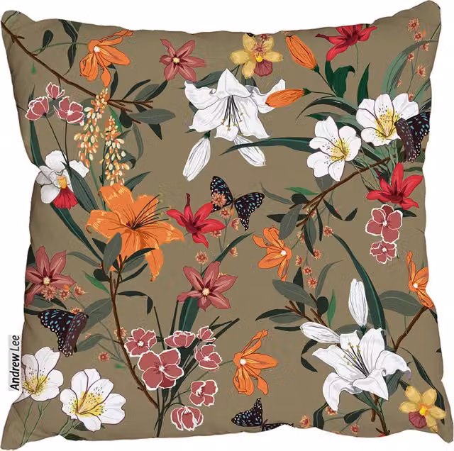 Andrew Lee Brown Vintage Floral Pattern Square Cushion, Width: 60 cm