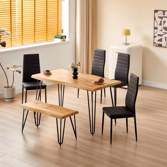 Kosy Koala Rustic Brown Wooden Rectangular Dining Set with 4 Black Chairs and Bench