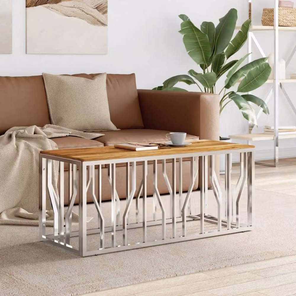 Berkfield Home Modern Rectangular Coffee Table in Silver Stainless Steel and Solid Acacia Wood – 2