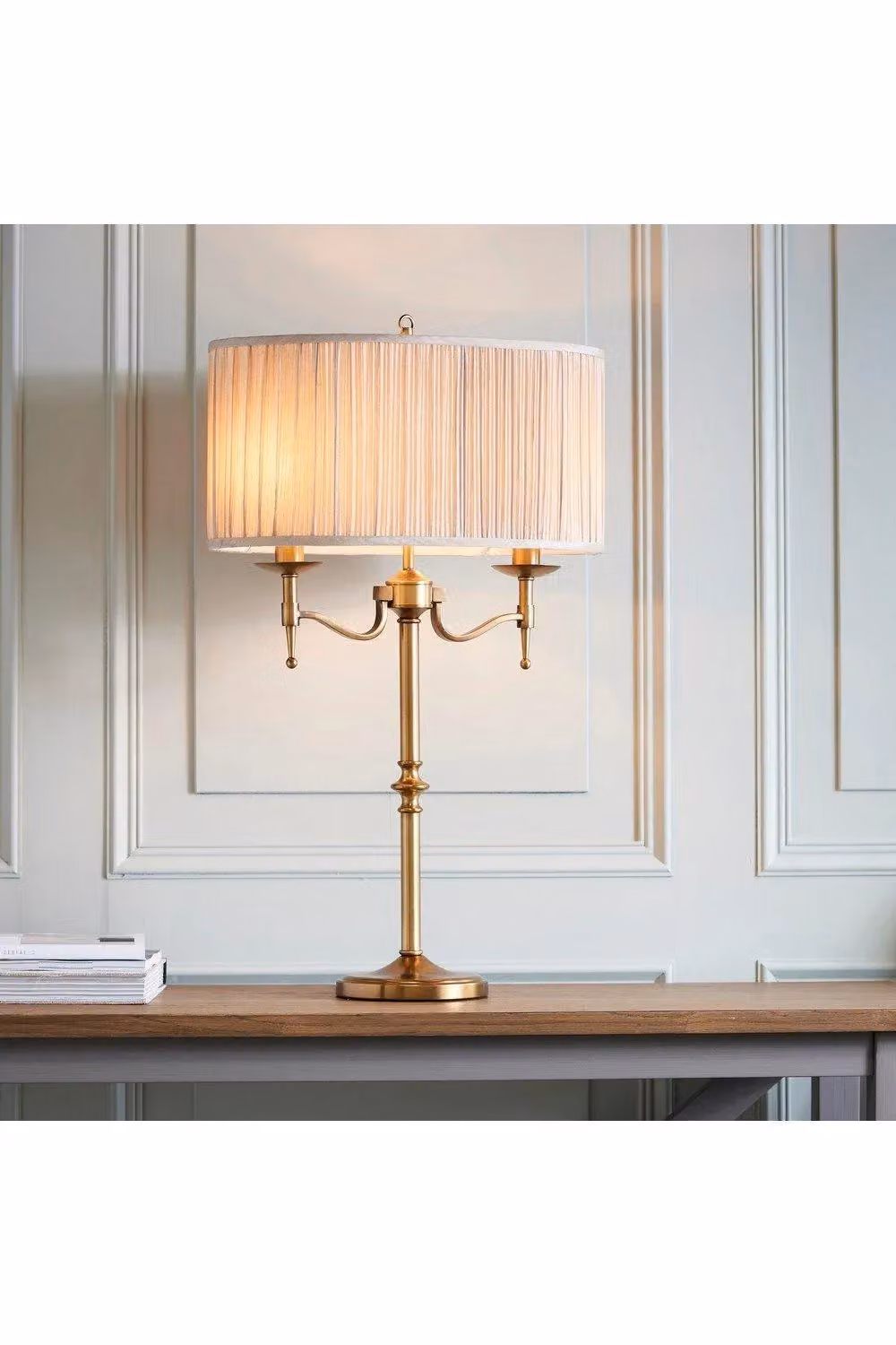 Netlighting Stanford 2 Light Table Lamp in Antique Brass with Beige Fabric Shade and E14 Bulbs – 2
