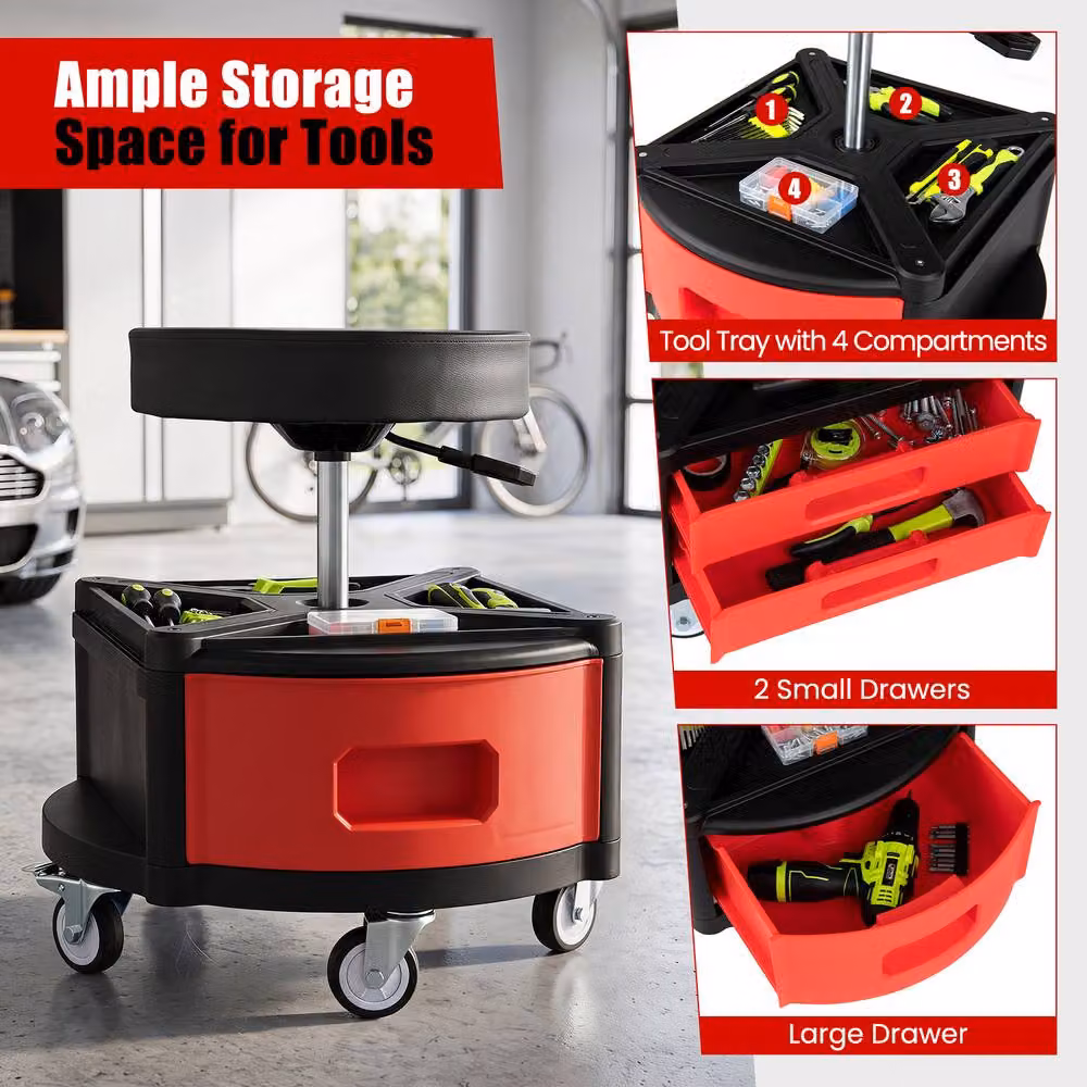 Gymax Rolling Mechanic Stool with Cushioned Seat in Red – 5