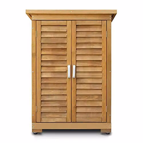 HYGRAD All Weather Wooden Outdoor Garden Storage Cabinet with Hinged Roof and Internal Shelves, Brown/Beige, W/D/H: 69 x 43 x 96 cm – 2