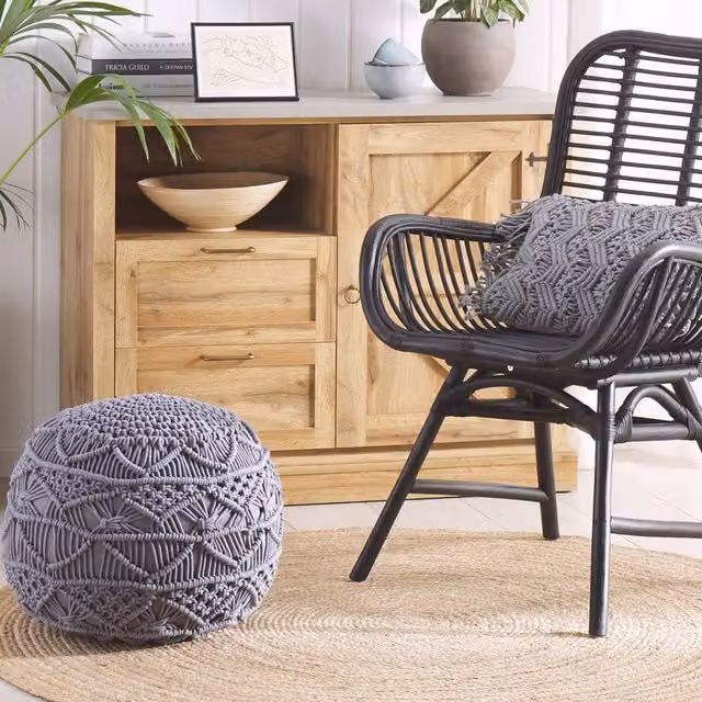 Wyld and Coco Grey Cotton Knitted Pouffe, Round Cylindrical Crochet Footstool – 1