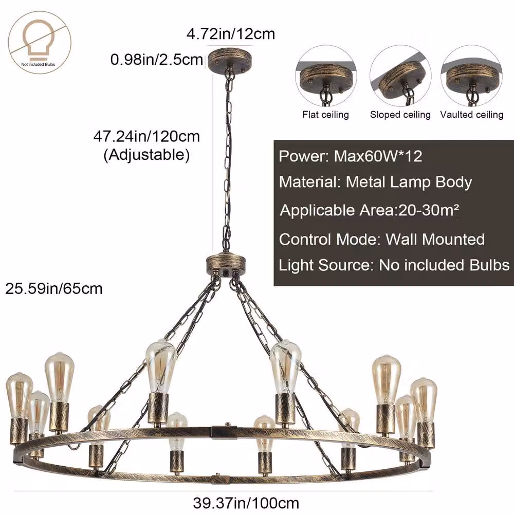 NIVOR Waggon Wheel Kitchen Chandelier, Adjustable Bronze Metal Pendant Light with E27 Dimmable Bulbs – 2