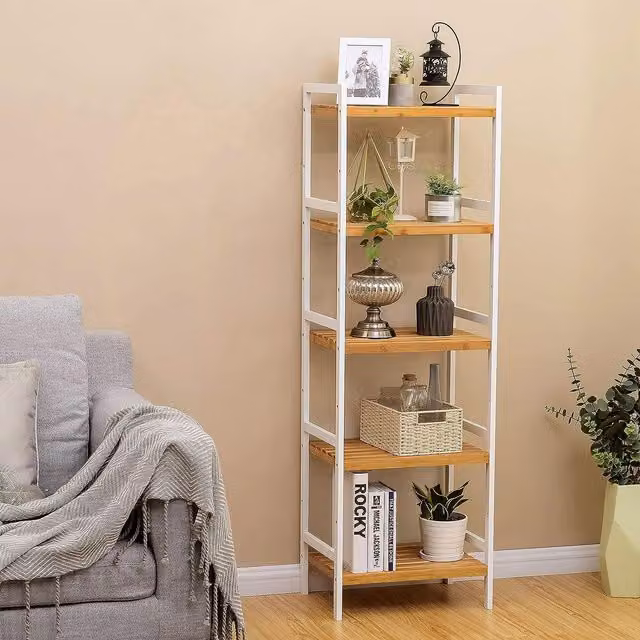 SONGMICS 5 Tier Bamboo Storage Rack with Adjustable Shelves in Natural Beige