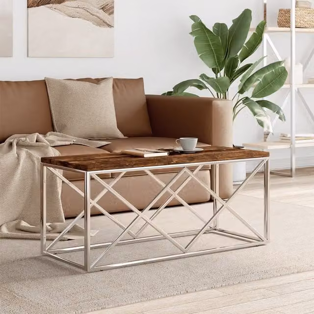 Berkfield Home Rectangular Coffee Table in Silver with Stainless Steel and Reclaimed Solid Wood – 1