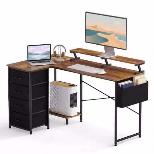 Levede L Shaped Corner Desk with Storage, Drawers, Charging Station and Ergonomic Monitor Stand, Walnut, W: 140 cm, D: 80 cm, H: 87 cm – 1