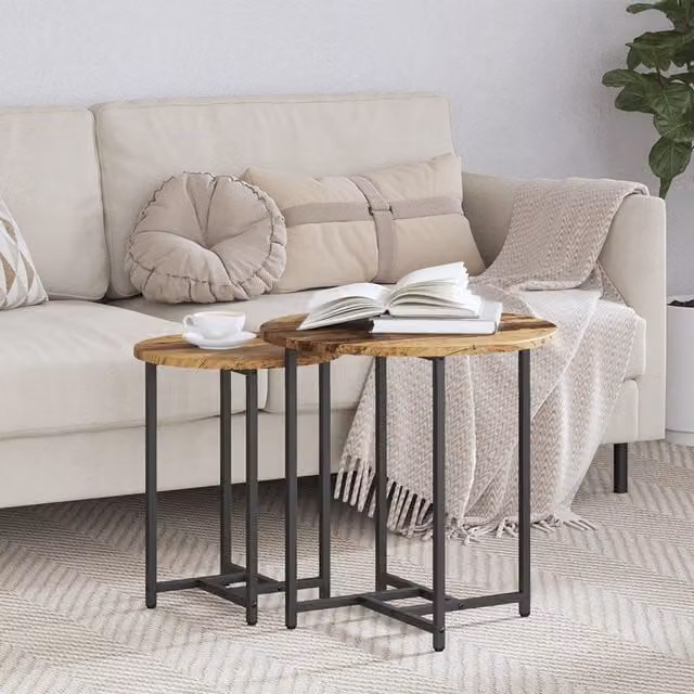 Berkfield Home Set of 2 Round Rustic Brown Side Tables with Wood and Metal Finish