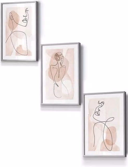ARTZE Set of 3 Boho Abstract Female Portrait Line Art Wall Illustrations in Grey, Pink and White, W: 33 cm, H: 45 cm, D: 20 mm