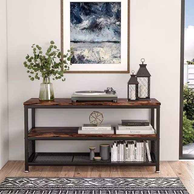 Livingandhome Industrial Wooden TV Unit Stand and Side Console Coffee Table with Mesh Storage Shelf in Brown
