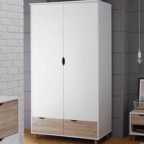 Lemon Pavilion Furniture Stockholm 2 Door Wardrobe with Integrated Drawers, White and Oak, W: 100 cm, D: 58 cm, H: 190 cm – 2