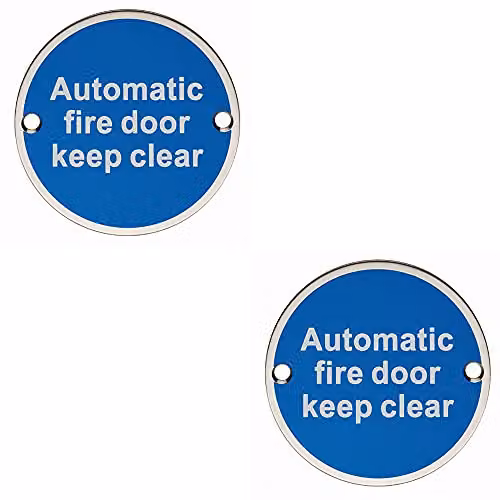 Loops 2 Pack Automatic Fire Door Keep Clear Plaque, Brushed Satin Stainless Steel, Diameter: 7.6 cm – 1