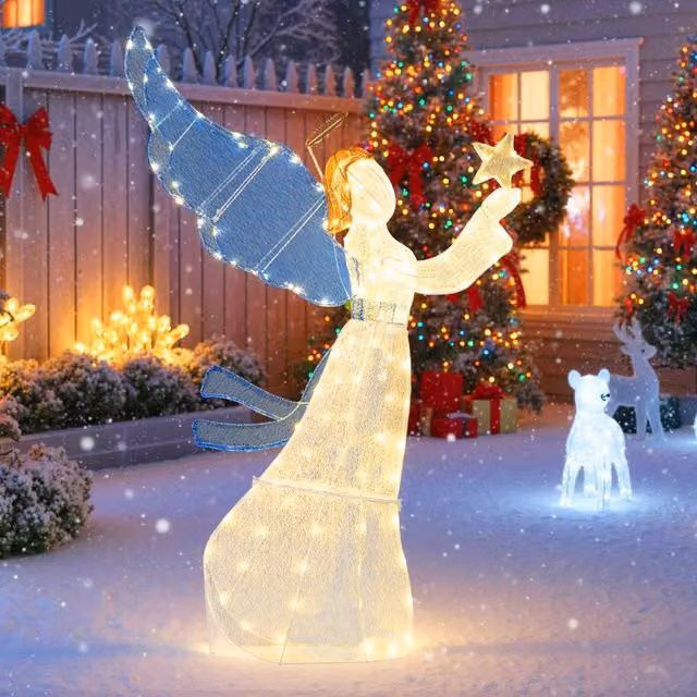 Costway 5FT 3D Glittered Christmas Angel Decoration with Wings and LED Lights in White and Multicolour, Height: 152.4 cm